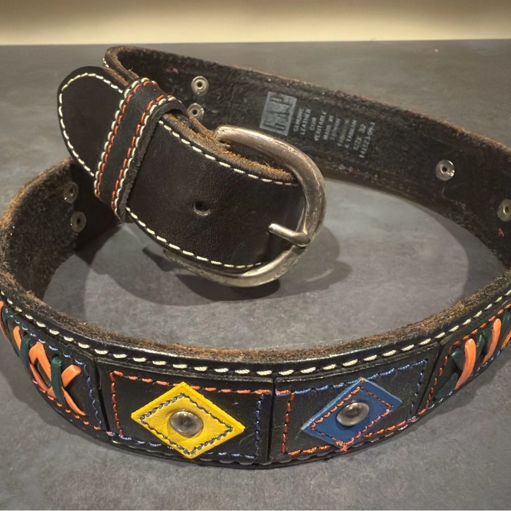 Gap ‘90’s Leather Belt Black with Orange Yellow Blue CutOuts